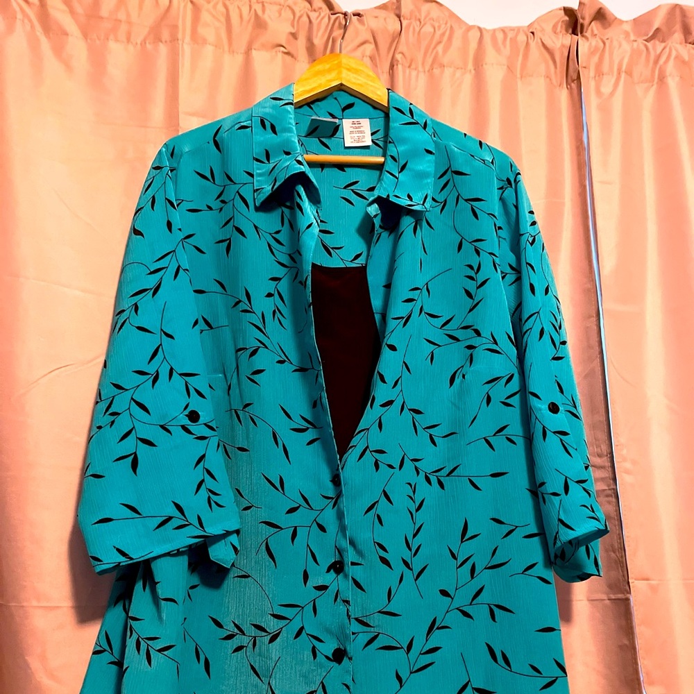 Woman’s teal colored blouse with sewn in sleeveless tshirt., from just my size